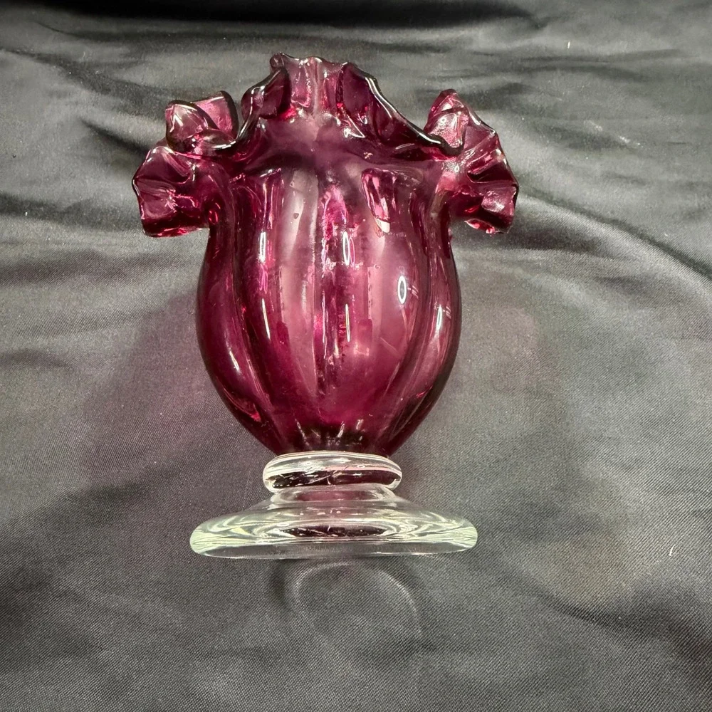 Vintage Fenton Cranberry Glass Melon Ribbed Vase Ruffled Rim Clear Pedestal Foot